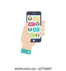 Hand with smartphone and chatting bubble speeches. Chat icon, message on smartphone screen. Online conversation concept. Flat design vector illustration.