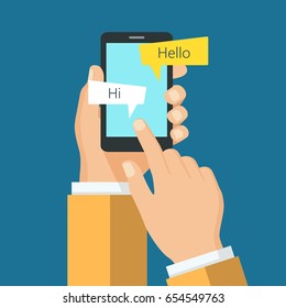 Hand with smartphone and chatting bubble speeches. Chat icon, message on smartphone screen. Online conversation concept. Creative flat design vector illustration.