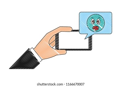 hand with smartphone chatting surprise emoji