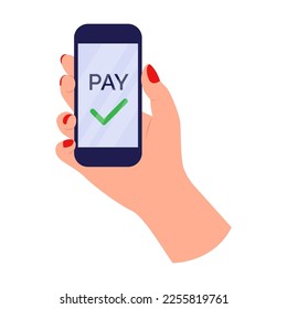 Mano con smartphone con marca de verificación de pago electrónico para ilustración vectorial de mercancías. Mano sosteniendo el teléfono aislado sobre fondo blanco. Pago, concepto bancario