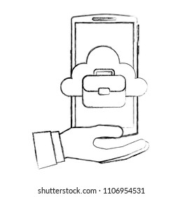hand with smartphone and cloud computing isolated icon