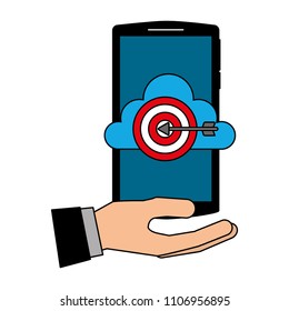 hand with smartphone and cloud computing isolated icon