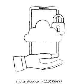 hand with smartphone and cloud computing isolated icon