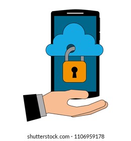 hand with smartphone and cloud computing isolated icon