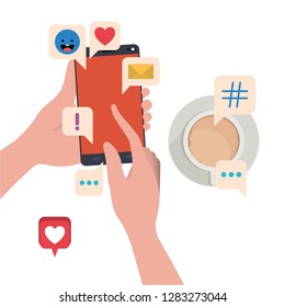 hand with smartphone and coffe isolated icon