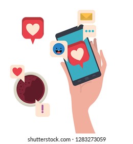 hand with smartphone and coffe isolated icon