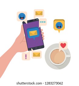 hand with smartphone and coffe isolated icon