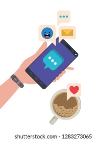 hand with smartphone and coffe isolated icon
