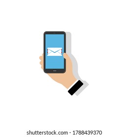 Mano con un icono de color para smartphone con sombra. Correo electrónico cerrado. EPS10 vectores