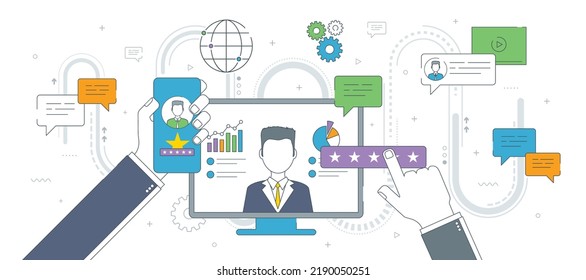 Hand with smartphone, computer screen with person and information. Evaluation and feedback of online support or distance learning. Business and communication vector icon set, internet banner template.