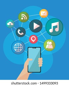 hand with smartphone connection apps social network media design