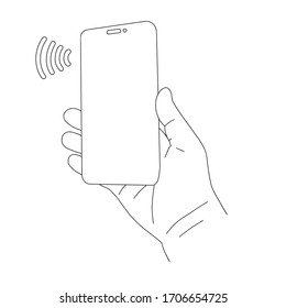 Hand mit Smartphone, kontaktlosem Zahlungsverkehr oder mobiles Banking, schwarze Umrisse, Vektorillustration-Illustration