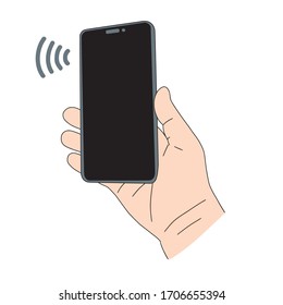 Mano con smartphone, pago sin contacto o banca móvil, ilustración vectorial