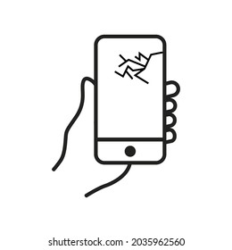In hand a smartphone with a crack on the display. Mobile phone black icon. Flat design