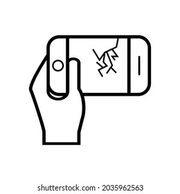 In hand a smartphone with a crack on the display. Mobile phone black icon. Flat design