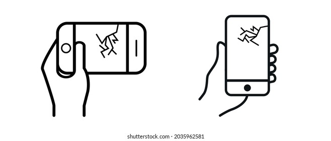In hand a smartphone with a crack on the display. Mobile phone black icon. Flat design