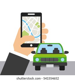 hand with smartphone device and autonomous car icon over white background. colorful design. vector illustration