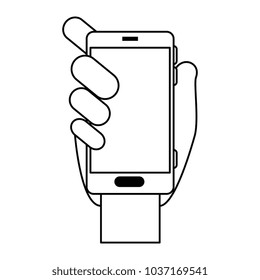 hand with smartphone device isolated icon