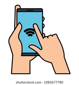 hand with smartphone device isolated icon