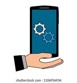 hand with smartphone device isolated icon