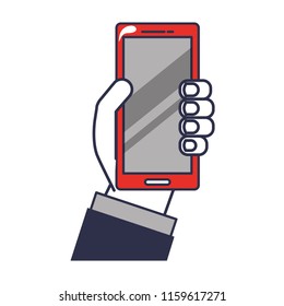 hand with smartphone device isolated icon