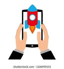 hand with smartphone device and rocket isolated icon
