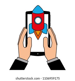 hand with smartphone device and rocket isolated icon