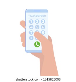 Hand with smartphone dialing, Dial number, connection concept. Vector illustration.