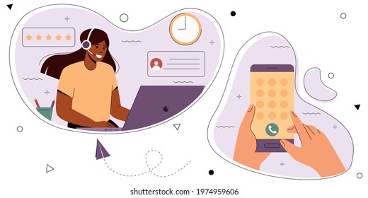 Hand with a smartphone dials the phone number of the support service.  Customer support concept. Online global technical support 24 to 7. Modern vector illustration on abstract background