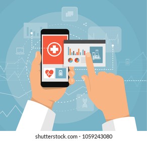 hand and smartphone doctor with the Internet for the design concept, medical new technology of the future, online registration at the hospital