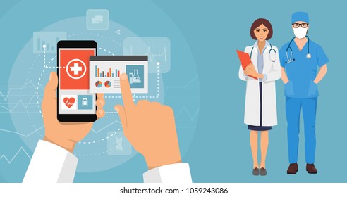 hand and smartphone doctor with the Internet for the design concept, medical new technology of the future, online registration at the hospital, people from the hospital, doctor and nurse