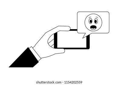 hand with smartphone and emoji kawaii in speech bubble