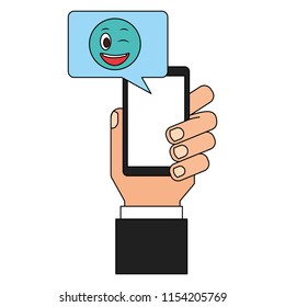 hand with smartphone and emoji kawaii in speech bubble