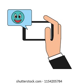 hand with smartphone and emoji kawaii in speech bubble