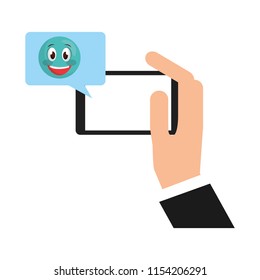 hand with smartphone and emoji kawaii in speech bubble