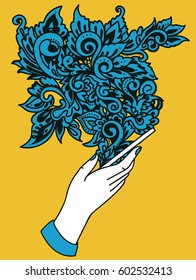 hand with smartphone and  fantasy ornament, banner for designer, blue and yellow colors, vector illustration
