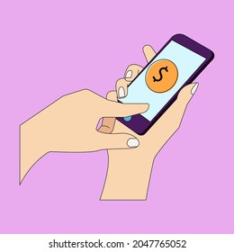 hand with smartphone flat design illustration coin icon symbol