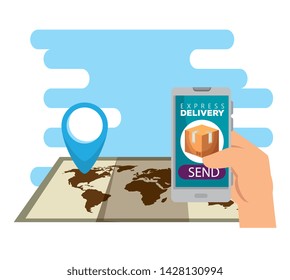 hand with smartphone and global map location sign