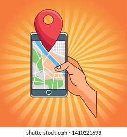 hand with smartphone gps location mode cartoon  over yellow striped background vector illustration graphic design