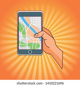 hand with smartphone gps location mode cartoon  over yellow striped background vector illustration graphic design