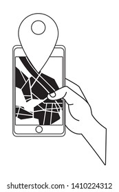 hand with smartphone gps location mode cartoon vector illustration graphic design