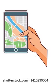 hand with smartphone gps location mode cartoon vector illustration graphic design