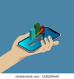 Hand with smartphone, graph, man, schedule. Colored isometric illustration