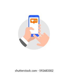 Hand with smartphone and heart like application icon flat style illustration 