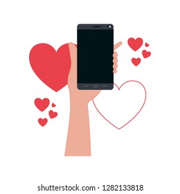 hand with smartphone and hearts icons