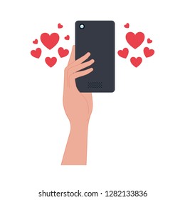 hand with smartphone and hearts icons