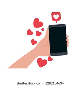 hand with smartphone and hearts icons