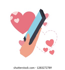 hand with smartphone and hearts icons