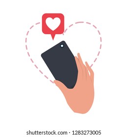 hand with smartphone and hearts icons