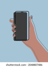 Hand with smartphone. Hand holding smartphone. Blue background. Colored illustration. Stylized illustration.